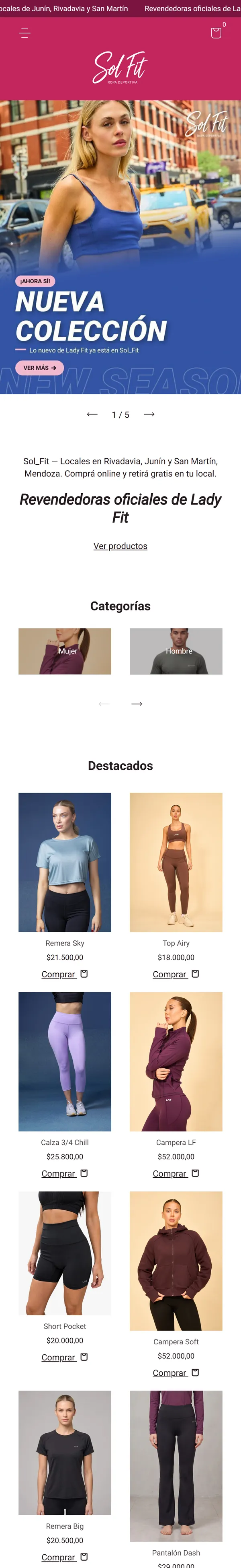 Tienda de Sol Fit en el celular — inicio